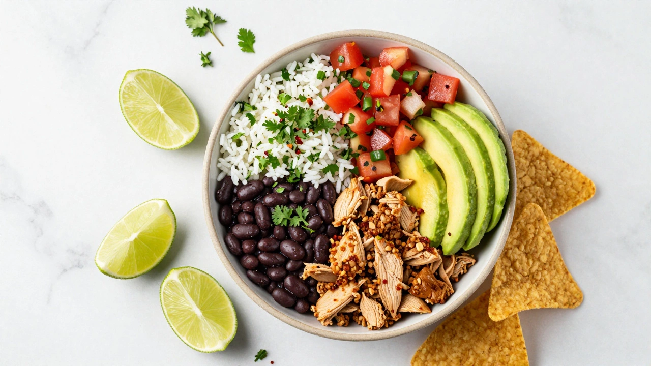 Colorful Mexican burrito bowl with rice, beans, and avocado