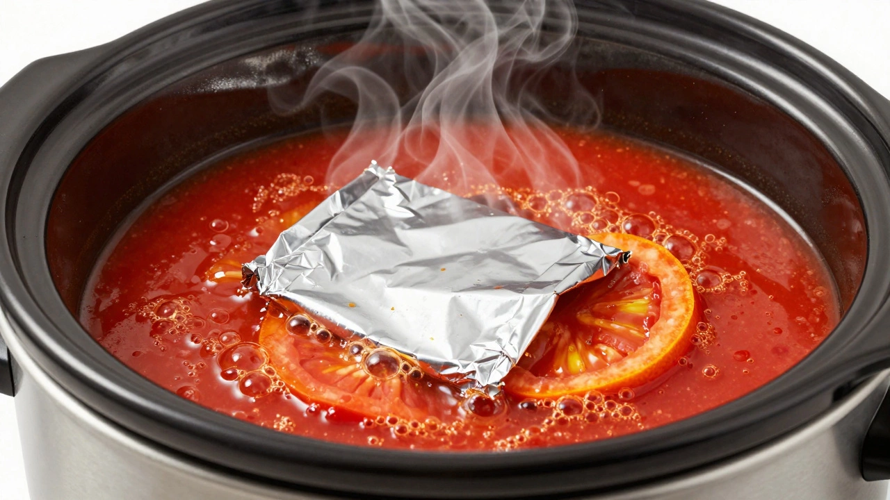 Cross-section showing acidic food reacting with aluminum foil in a pot.
