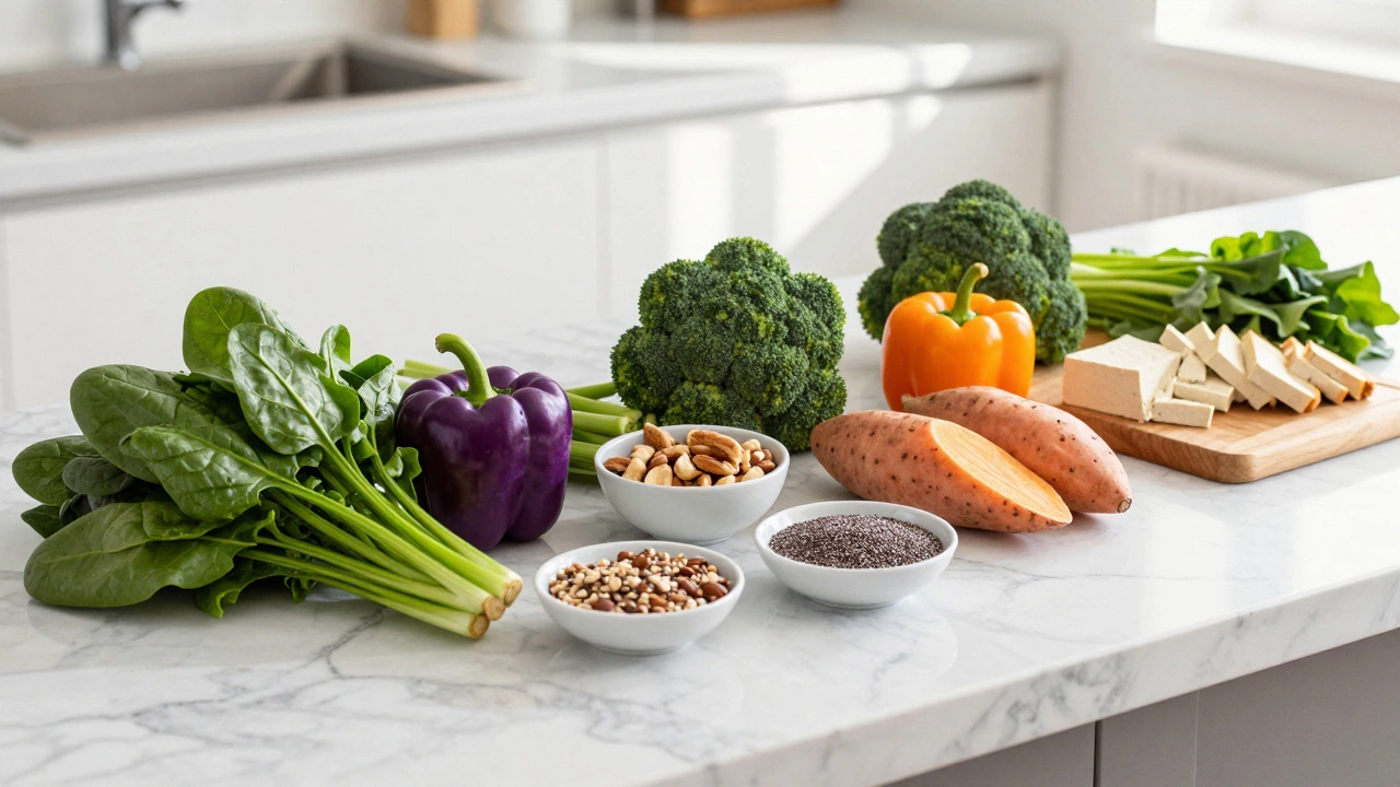 Fresh vegetables, nuts, and tofu arranged on a bright kitchen counter