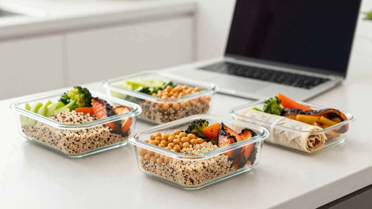 Glass containers of grain bowls and wraps ready for meal prep at home.