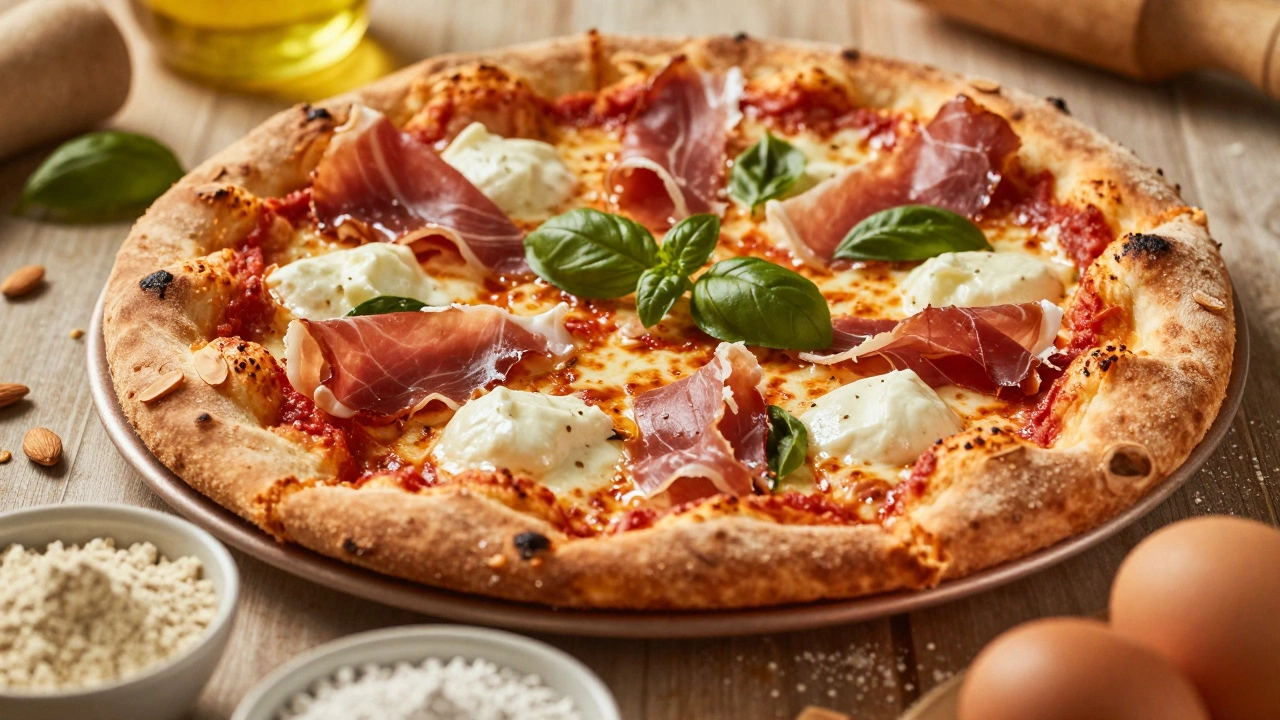 Golden gluten-free pizza with mozzarella and basil toppings