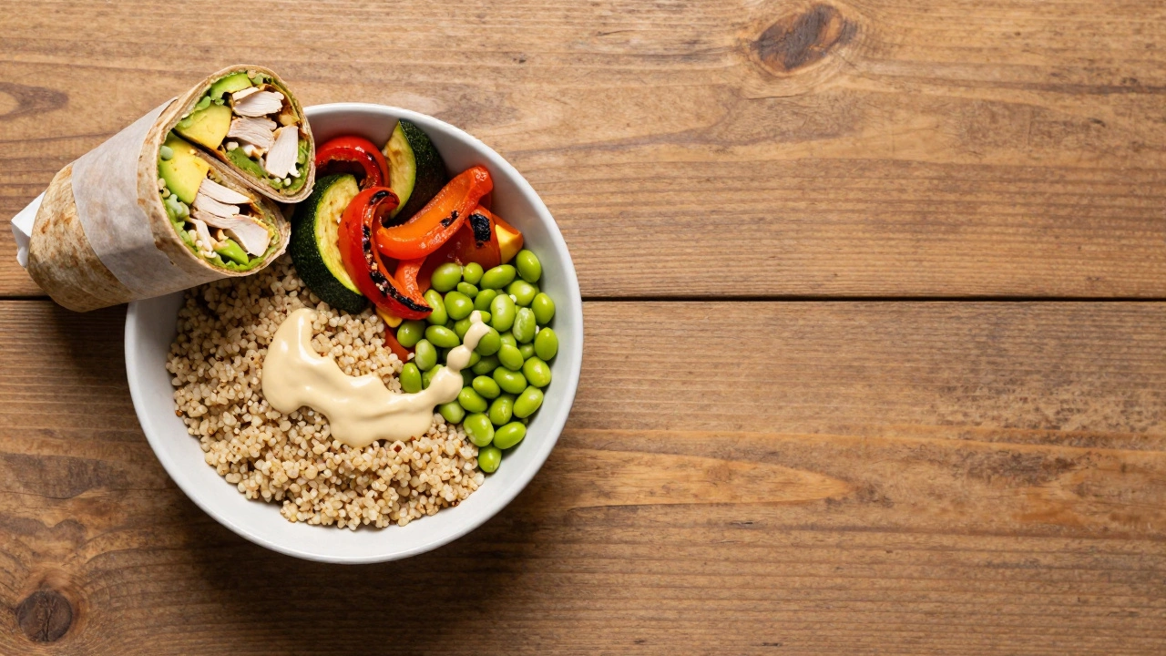 Grain bowl and wrap sandwich on a wooden table top-down view