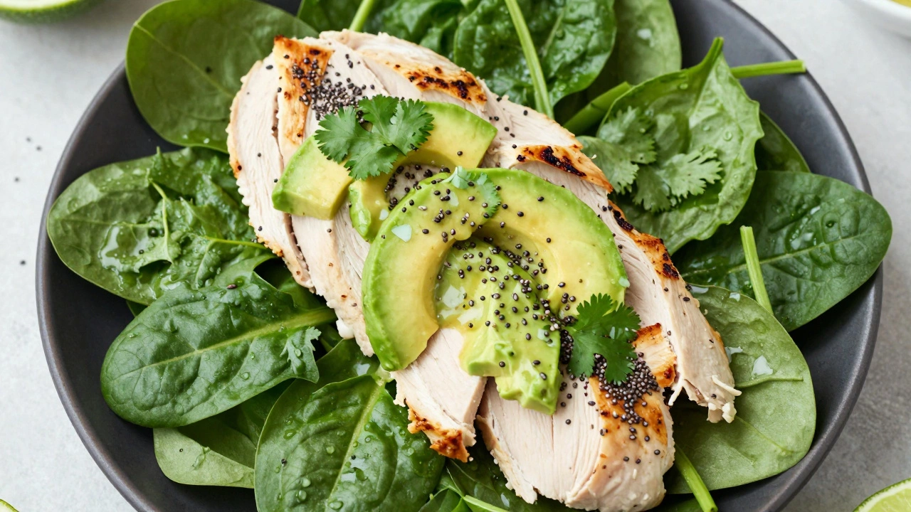 Grilled chicken salad with mixed greens, avocado dressing, and chia seeds on a plate.