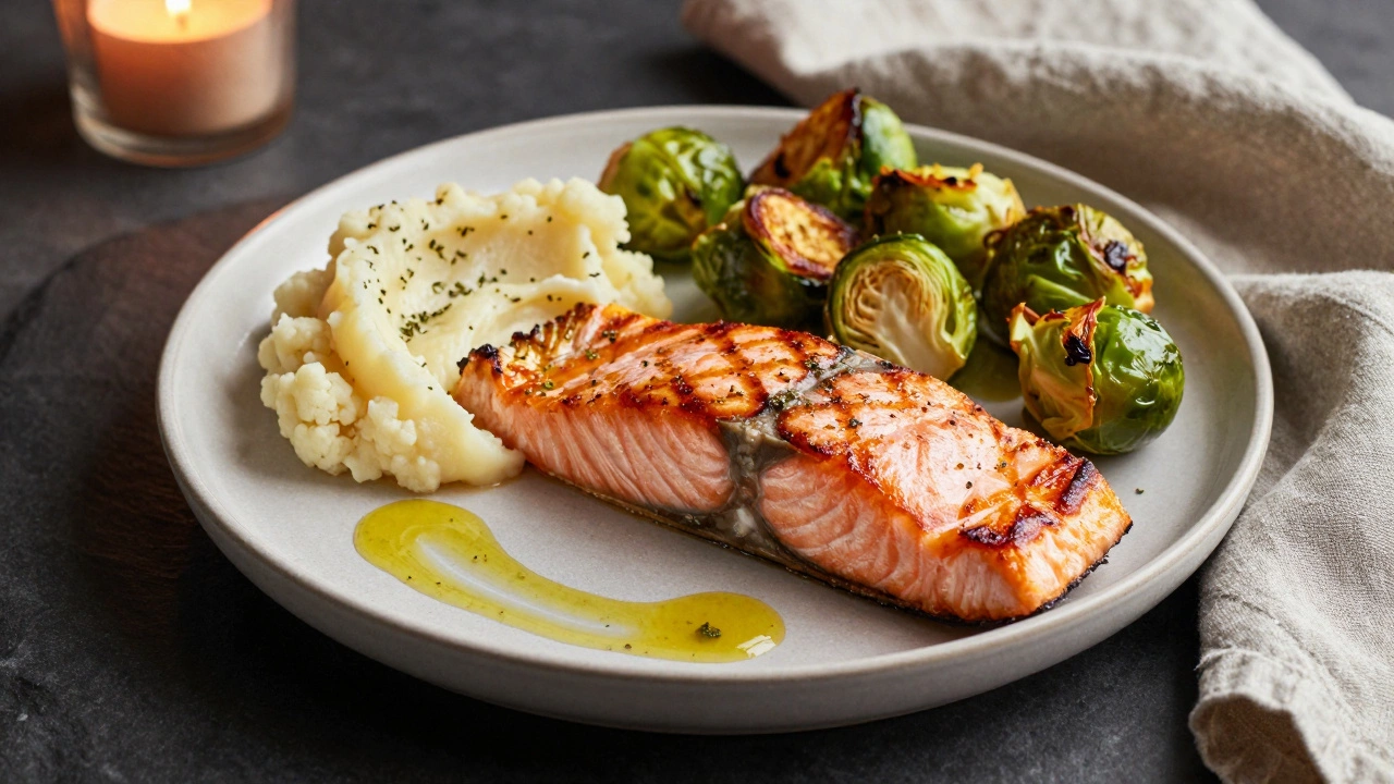 Grilled salmon with roasted Brussels sprouts and cauliflower mash