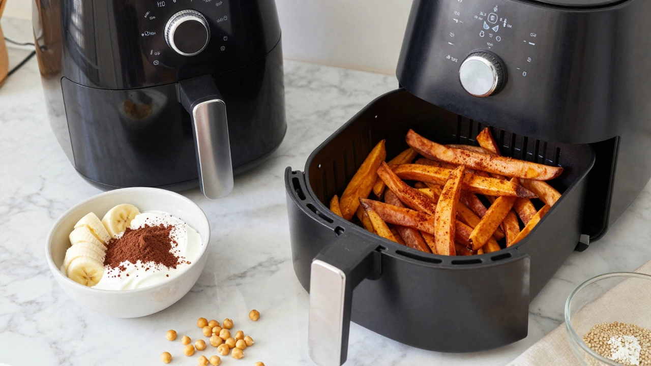 Homemade vegan fries and banana nice cream ingredients on a kitchen counter.