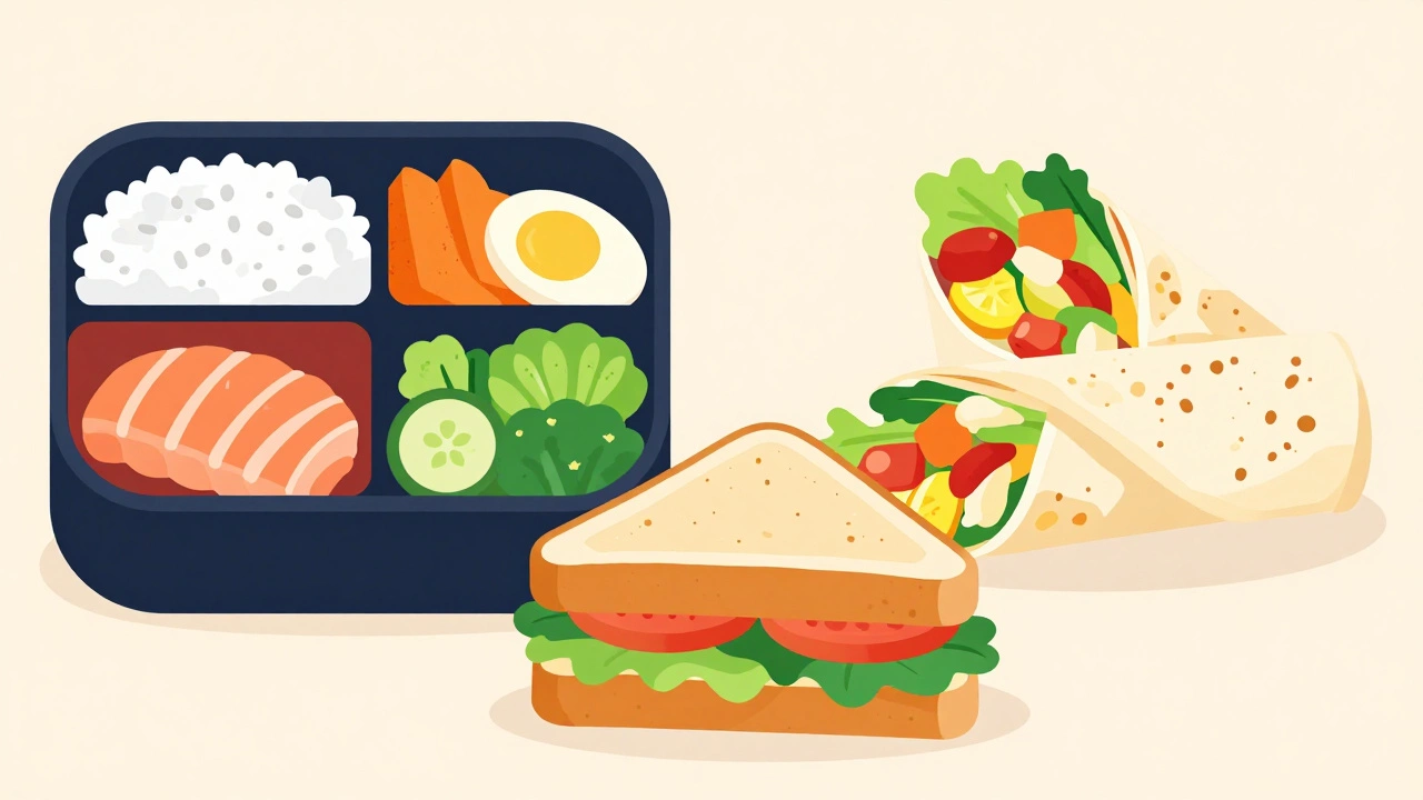 Illustration comparing a Japanese bento box and a Latin American burrito.