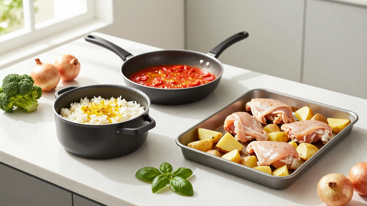 Kitchen counter with ingredients for easy staple recipes