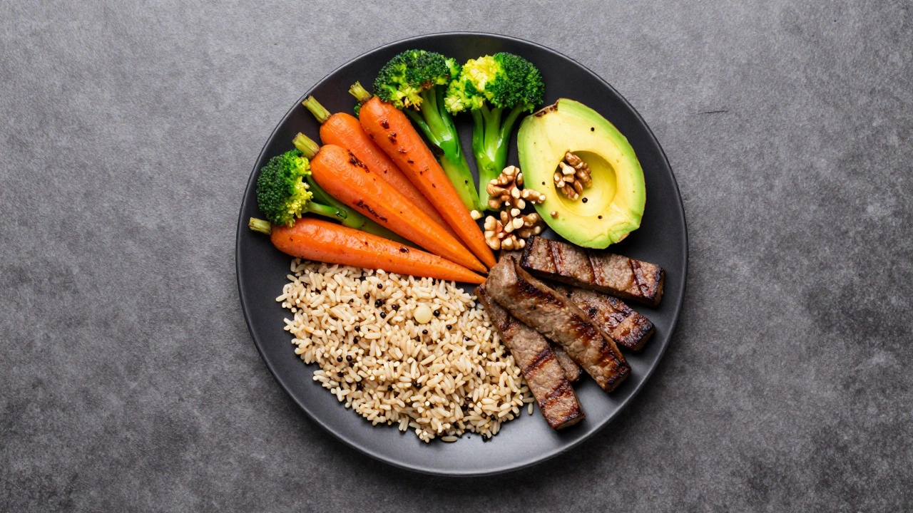 Overhead view of a balanced vegan plate with grains, veggies, and protein
