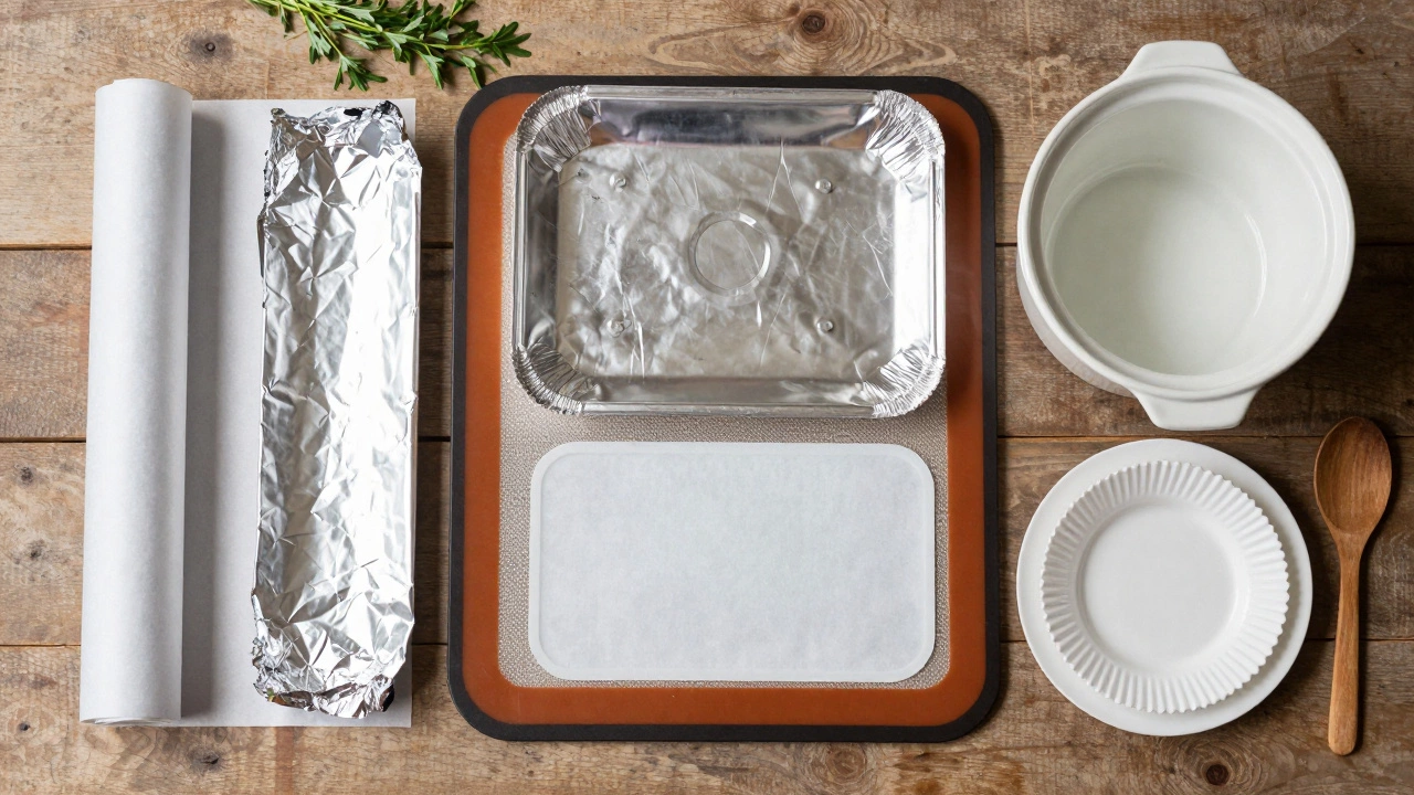 Parchment paper, silicone mats, and liners as foil alternatives displayed.