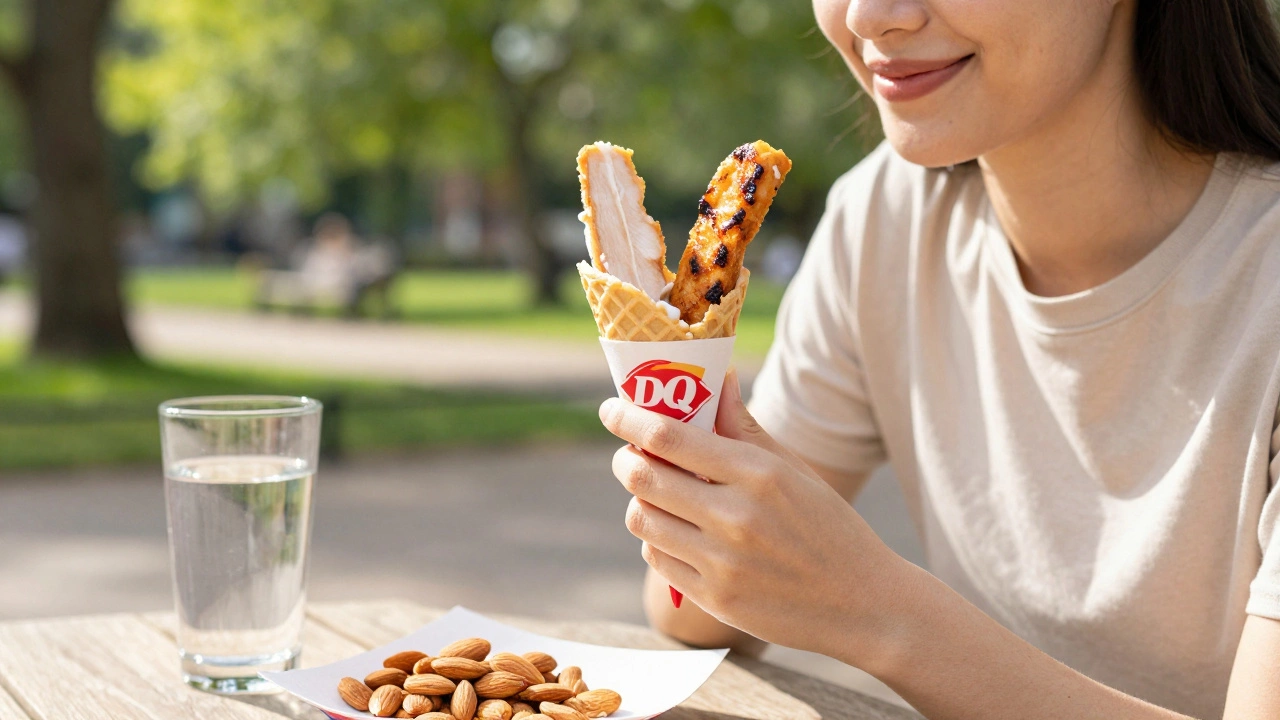 Person eating sugar-free ice cream with nuts and water outdoors