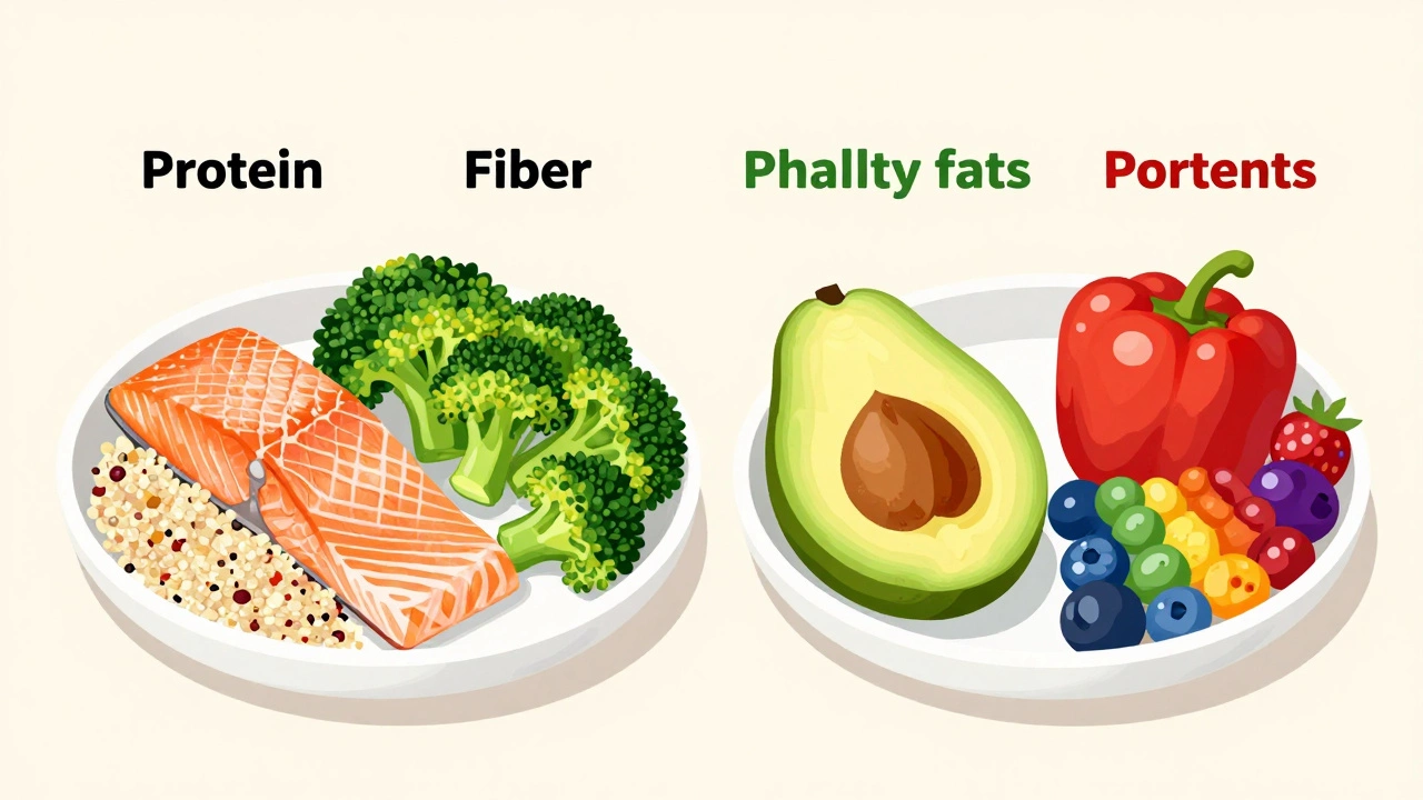 Plate showing balanced nutrients: protein, fiber, fats, vitamins