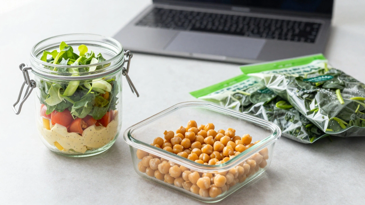 Prepped jar salad and ingredients for a quick healthy lunch