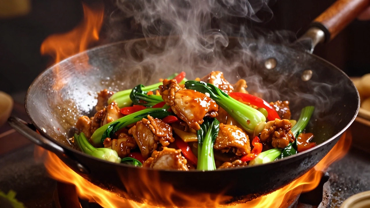 Sizzling velveted chicken stir-fry cooking in a hot wok with vegetables