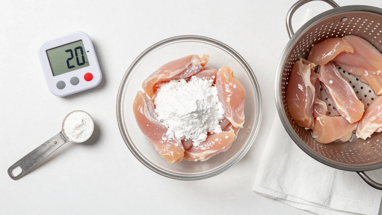 Step-by-step layout of chicken velveting with timer and rinsed meat