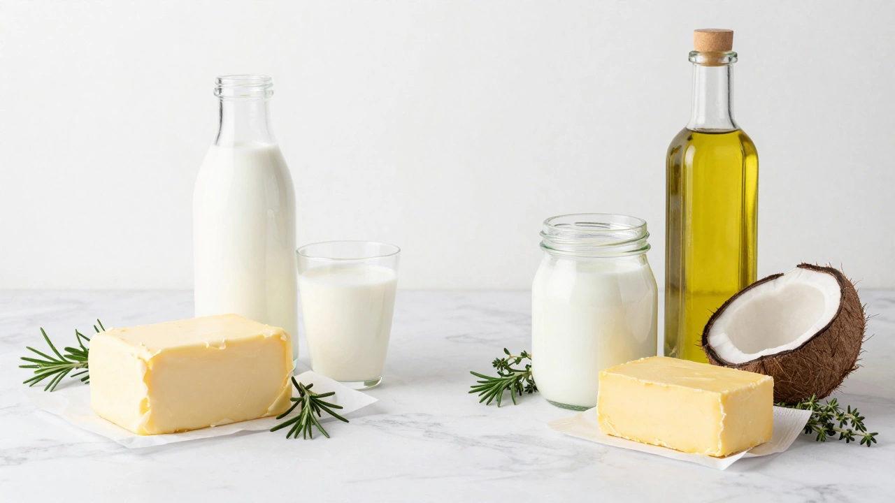 Traditional dairy butter compared with plant-based oils and vegan alternatives