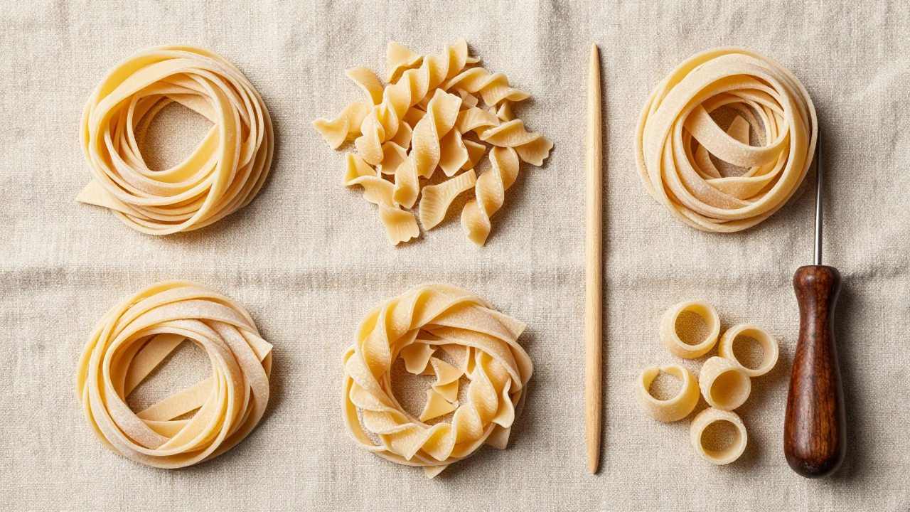 Various Sicilian pasta shapes like busiate and trofie arranged on linen with a wooden tool