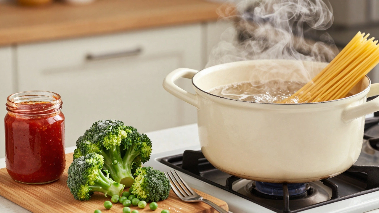 Boiling pasta, frozen vegetables, and tomato sauce on a stove