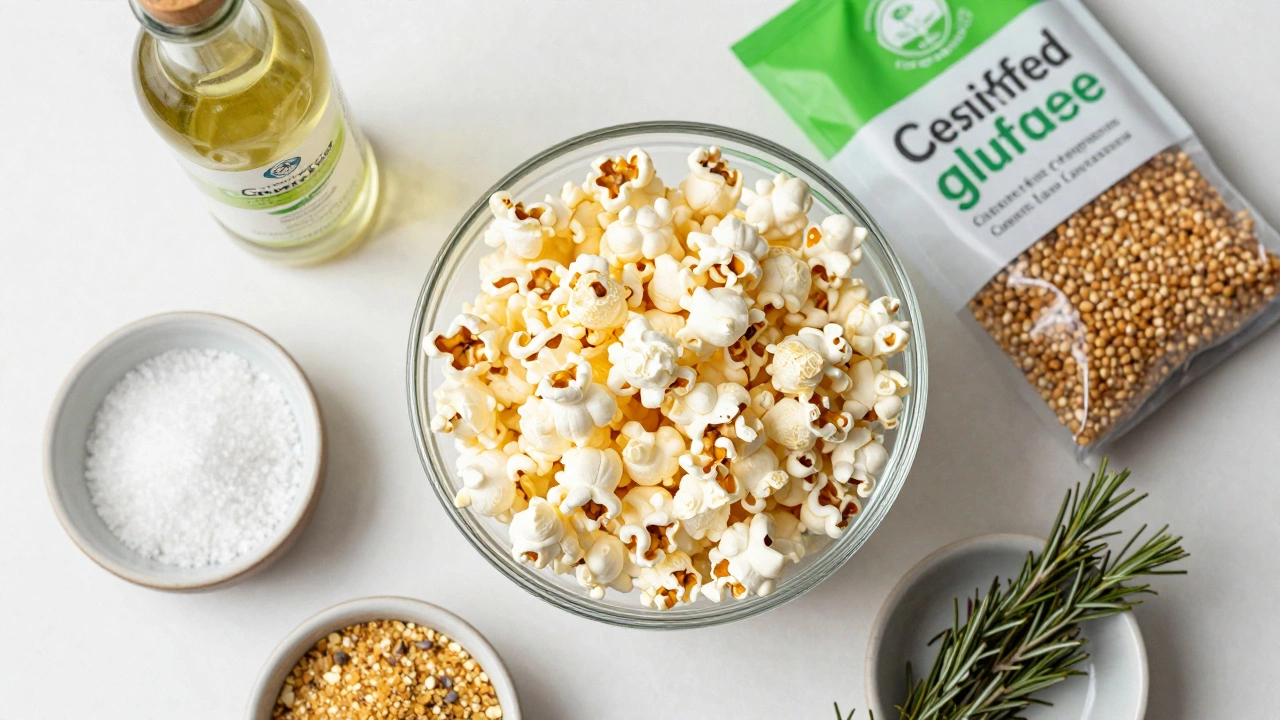 Bowl of homemade popcorn with salt, herbs, and nutritional yeast on kitchen counter