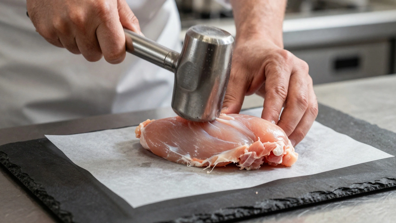 Chef pounding chicken breast flat with a meat mallet on parchment paper.