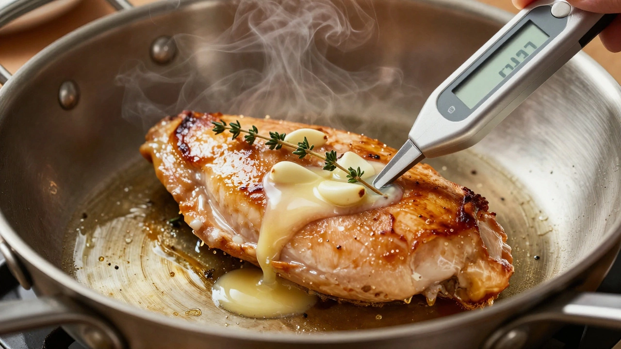 Chicken breast basted with herb butter in a skillet while an thermometer checks temp.