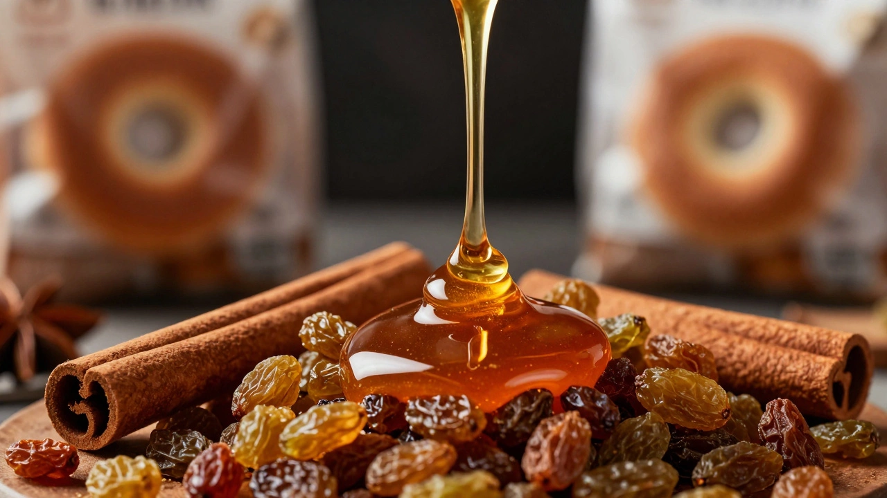 Close-up of honey pouring over cinnamon and raisins, symbolizing non-vegan ingredients in bagels.