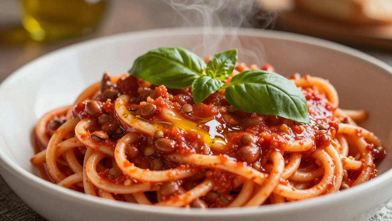 Close-up of red lentil pasta served with tomato sauce and fresh basil
