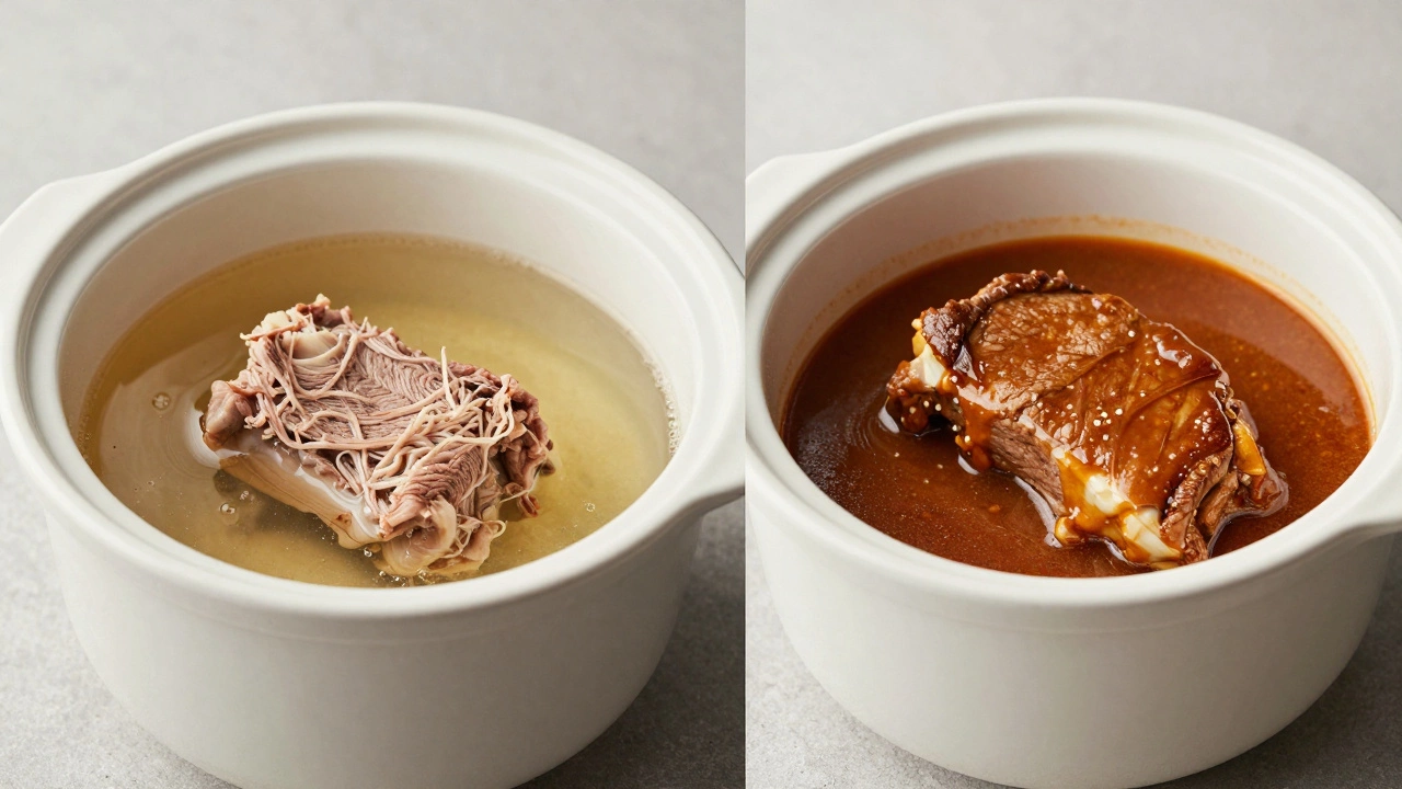 Comparison of dry meat in water vs juicy meat in rich sauce