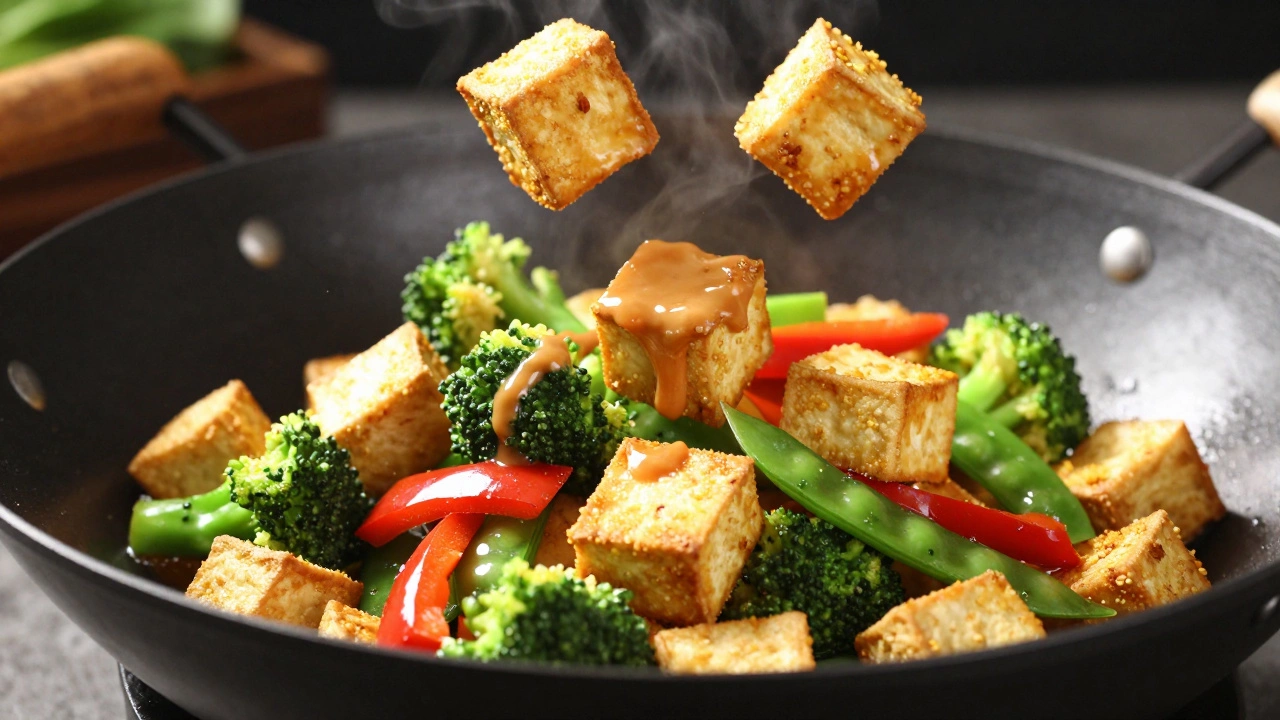 Crispy tofu and colorful vegetables stir-fried in a wok with peanut sauce