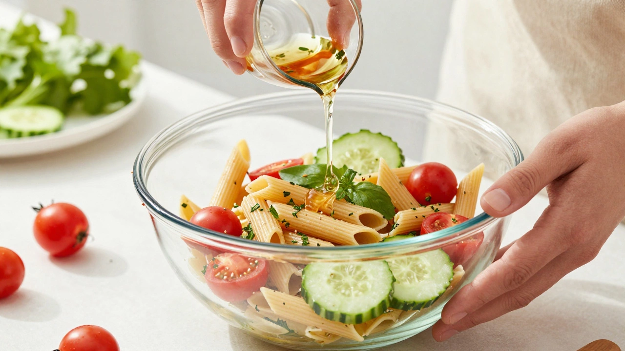 Fresh pasta salad being prepared with whole wheat penne and vegetables