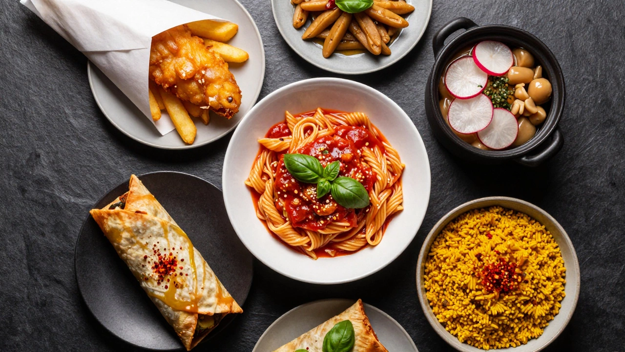 Global comfort foods arranged together