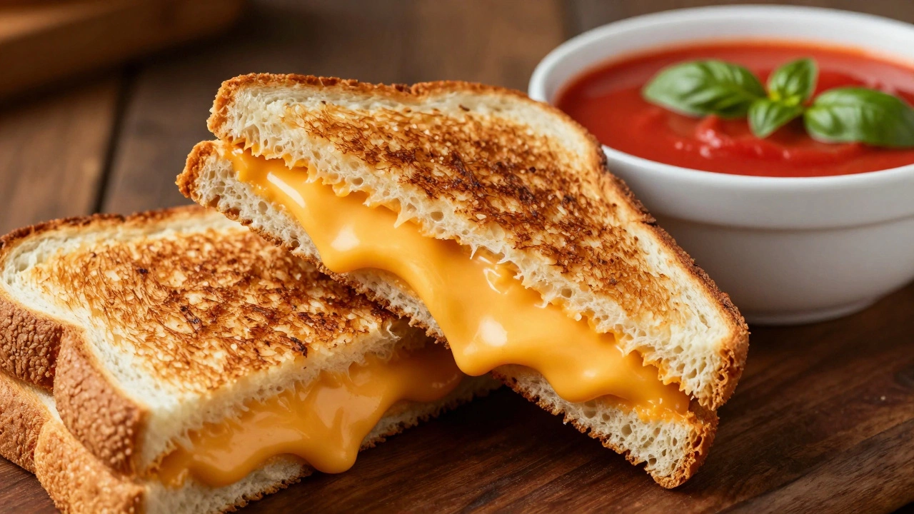 Golden grilled cheese sandwich with melted cheese next to tomato soup