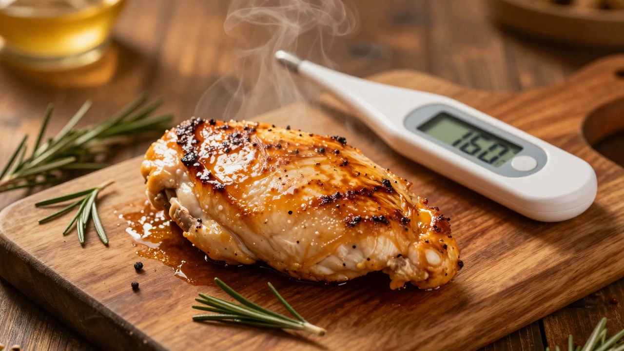Juicy cooked chicken breasts resting on a wooden board with rising steam.