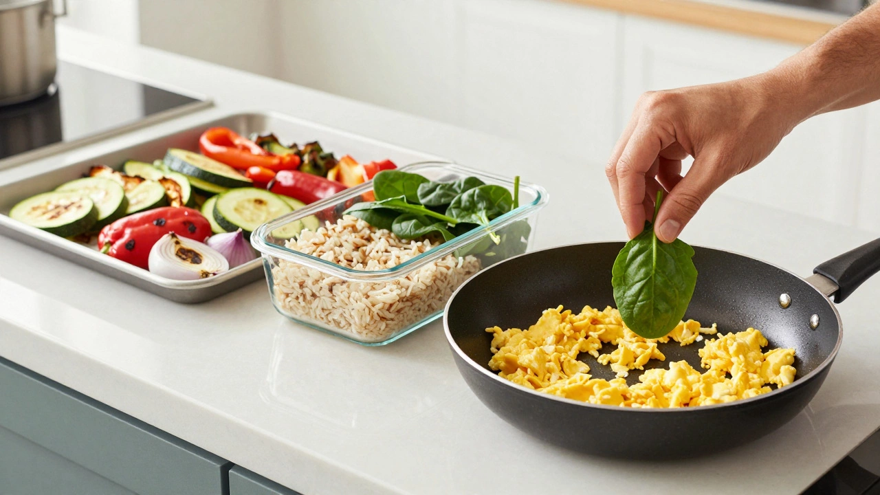 Kitchen counter with roasted vegetables and grains for healthy meal prep