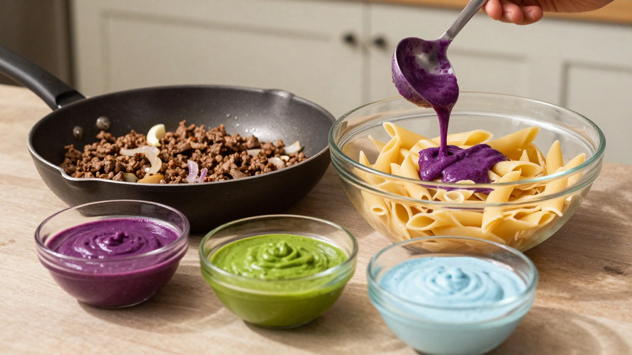 Kitchen scene showing preparation of colored pasta sauces and browned meat.