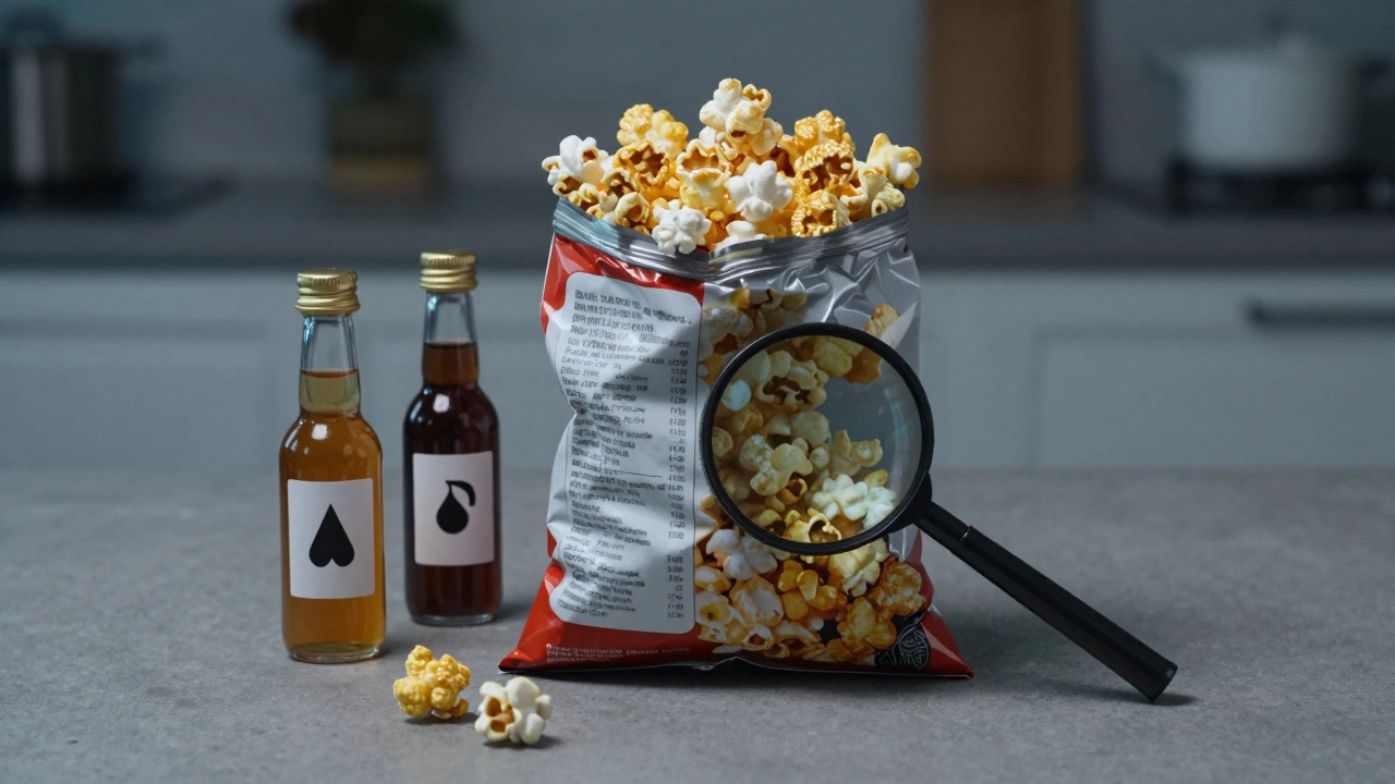 Magnifying glass over popcorn bag near vials of malt and soy sauce ingredients