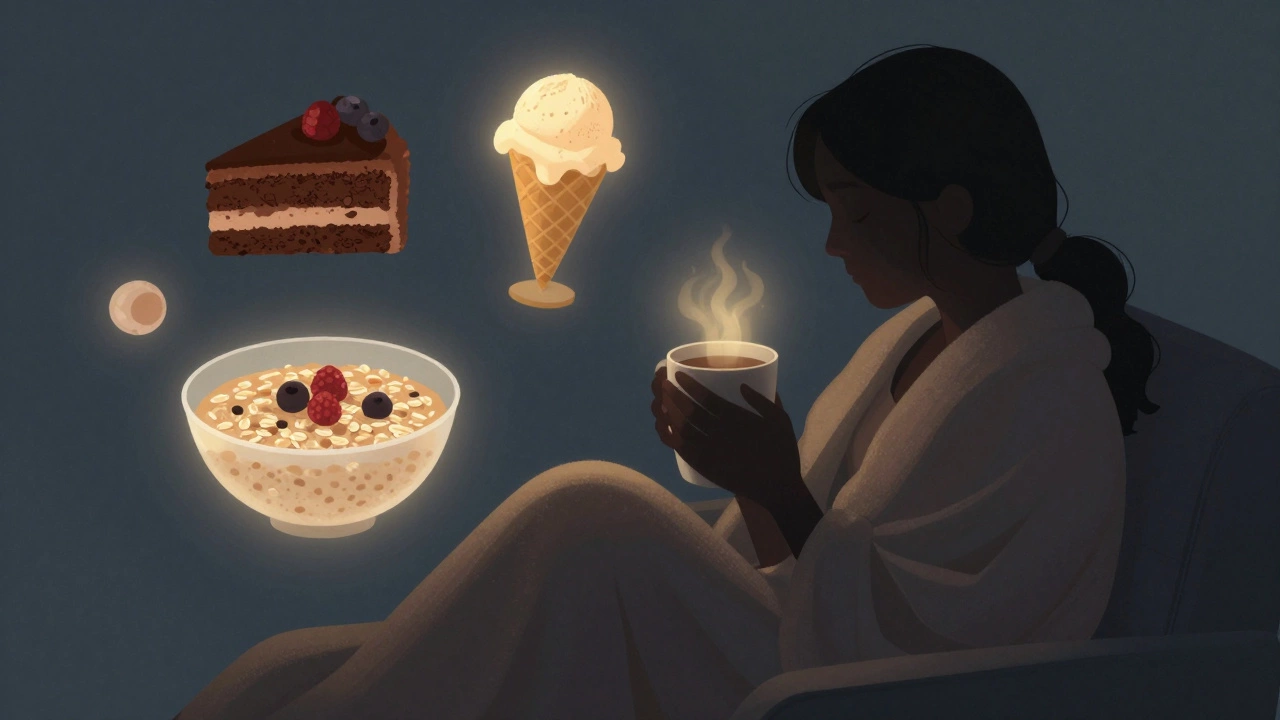 Person relaxing with ethereal images of comforting foods like cake and oatmeal