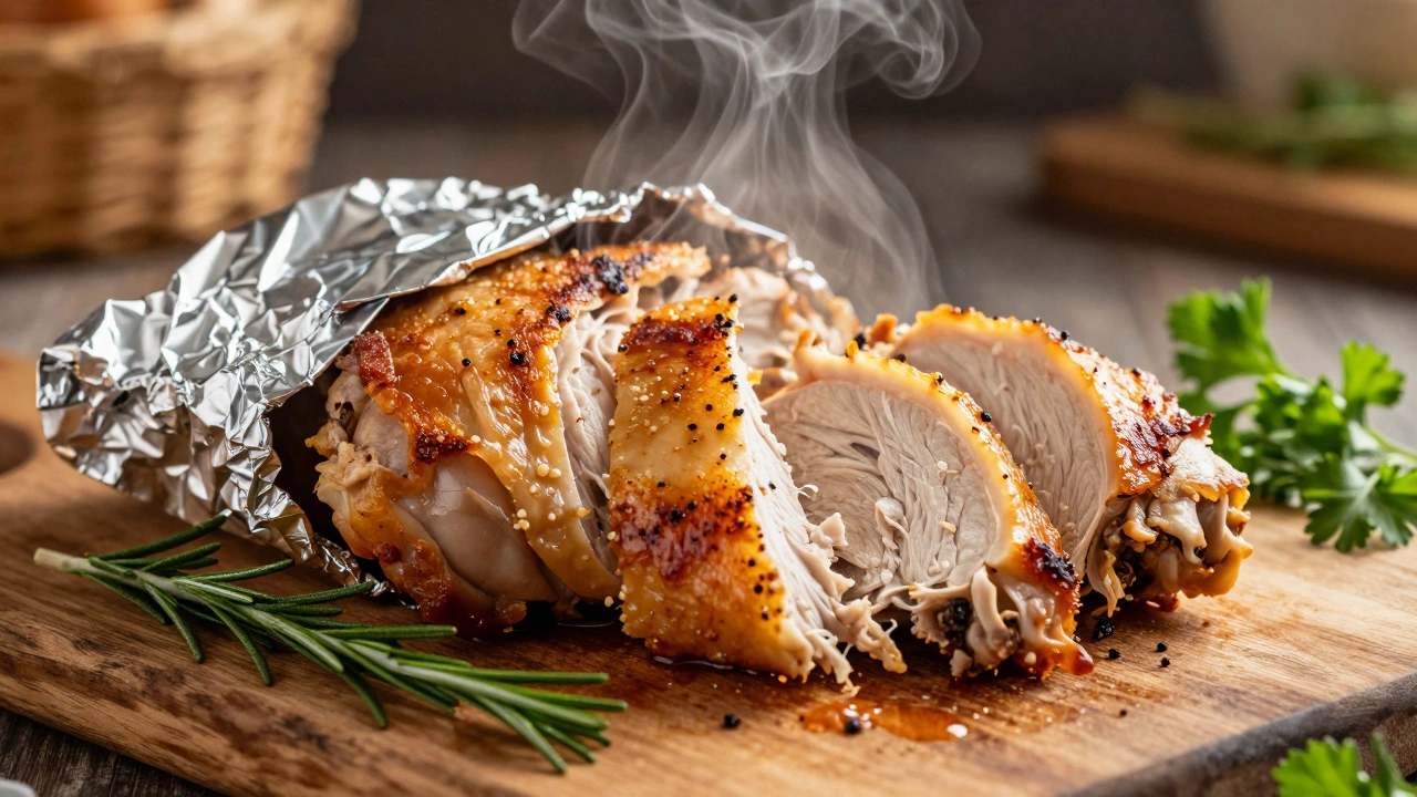 Sliced juicy roasted chicken thighs resting on a wooden board under loose foil.