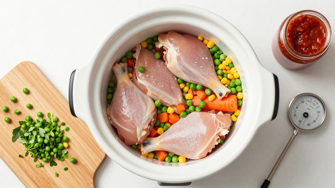Slow cooker prepared with chicken thighs, veggies, and sauce
