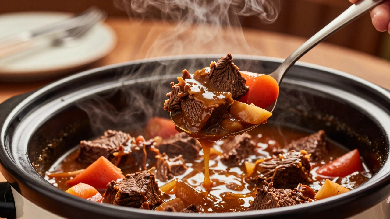 Spoon lifting tender beef and vegetables from a slow cooker into a bowl