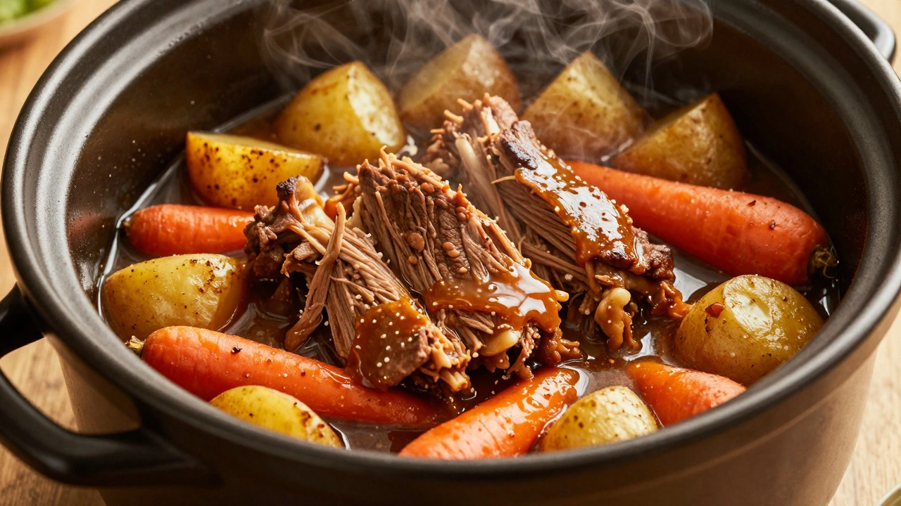 Tender pulled pork with veggies in slow cooker rising steam