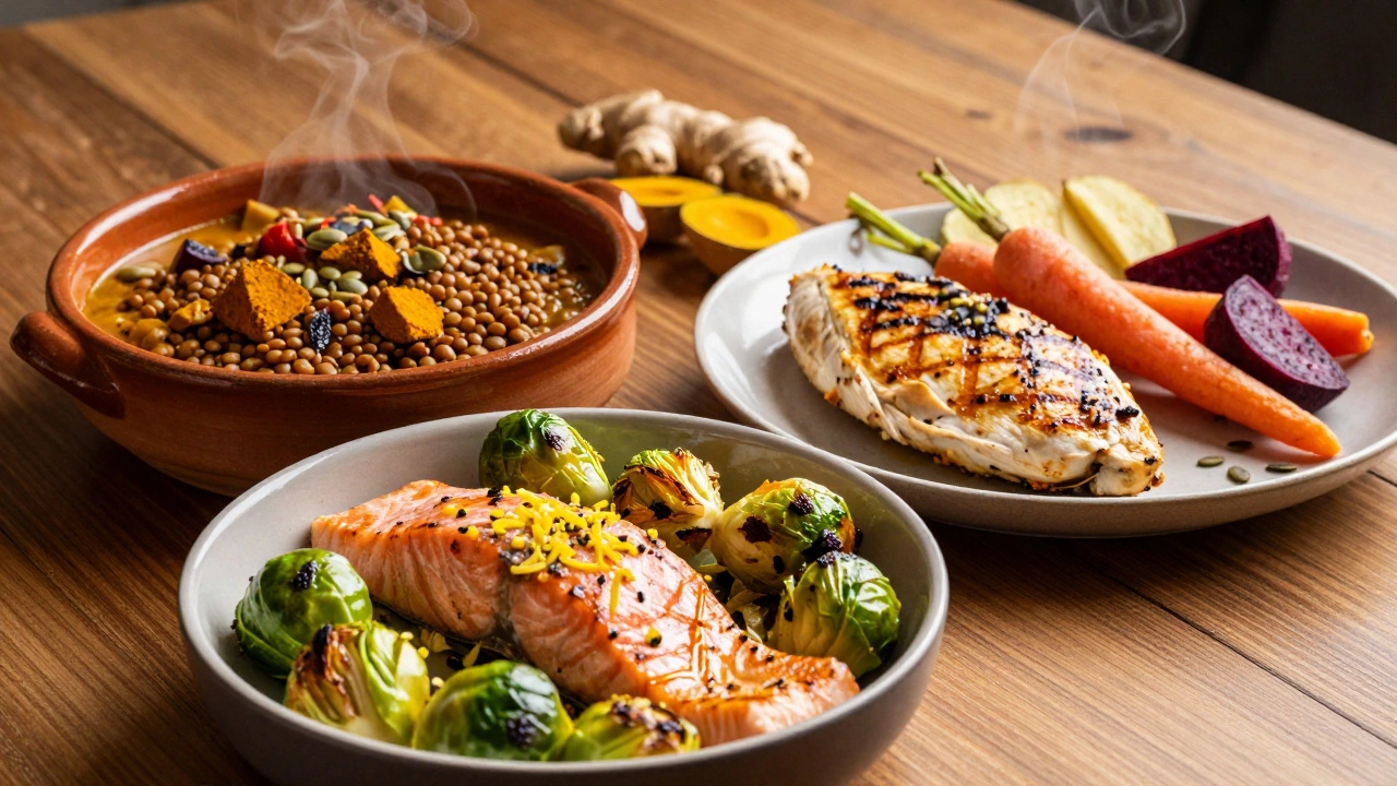 Three healthy meals: salmon bowl, lentil curry, and grilled chicken with veggies