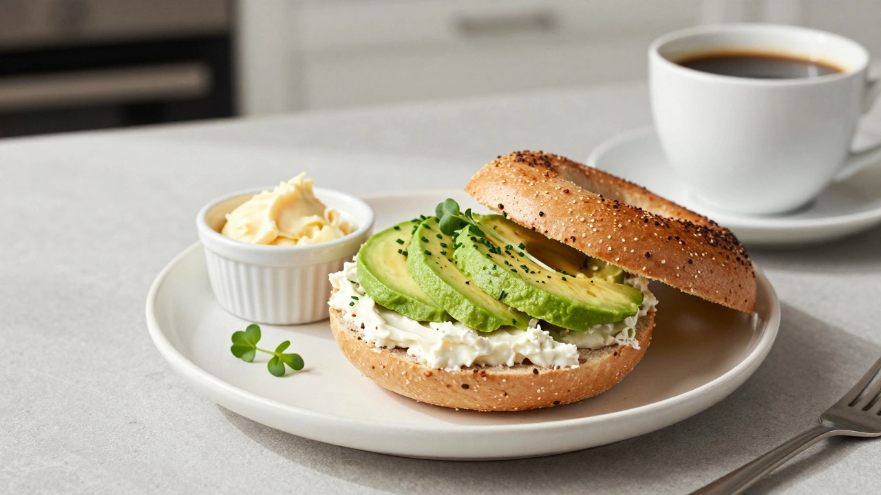 Toasted bagel topped with vegan cream cheese and avocado on a bright kitchen counter.