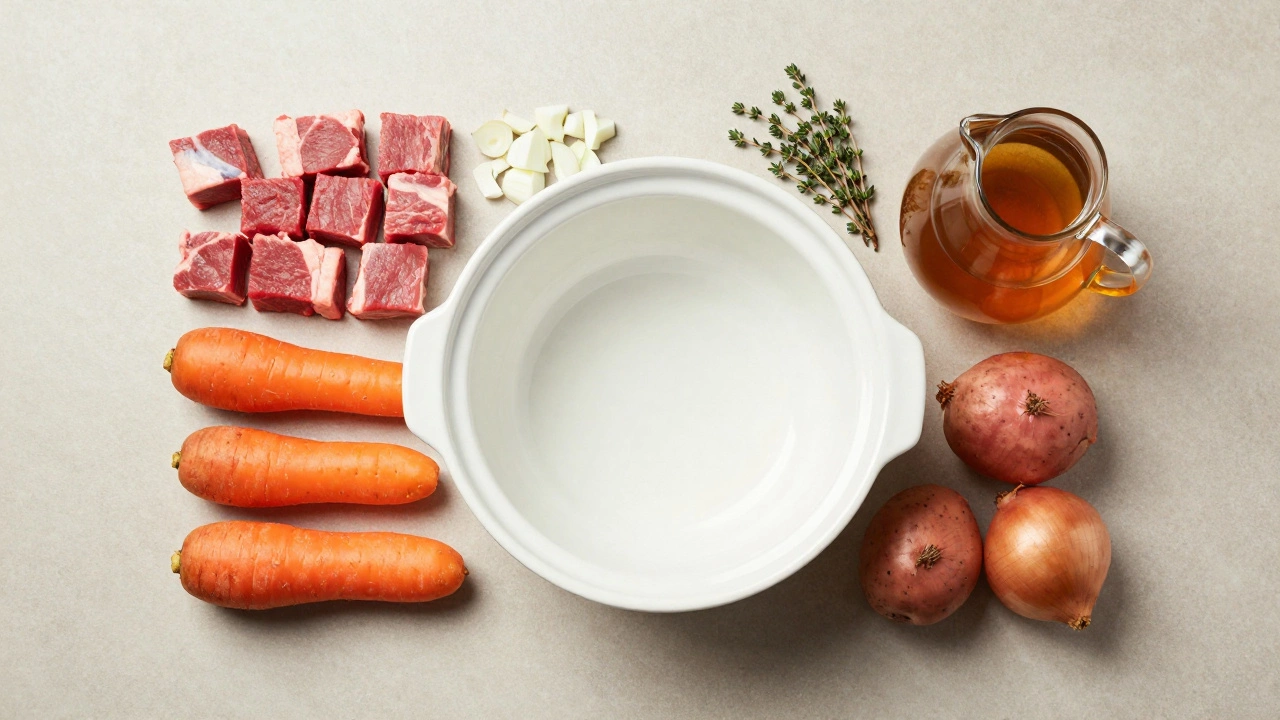 Top view of raw stew ingredients arranged around a ceramic slow cooker pot