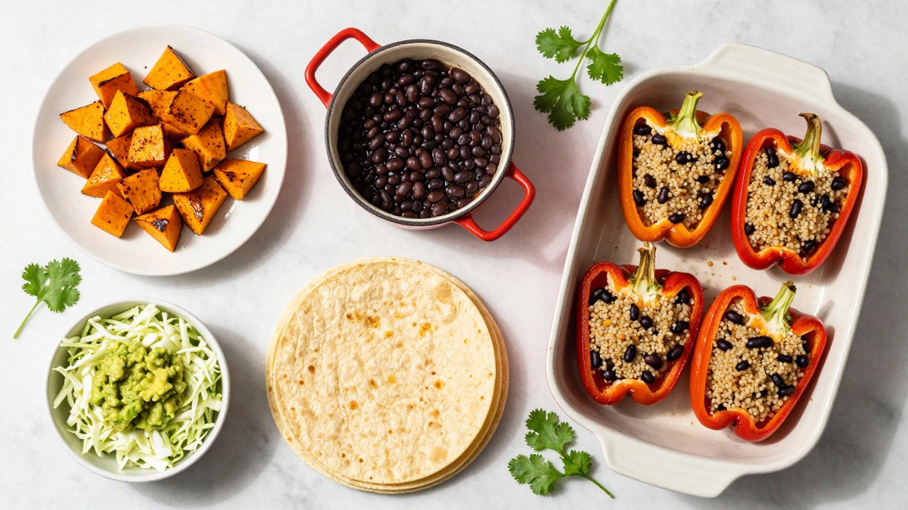 Variety of vegetarian meals including tacos and stuffed peppers on a counter
