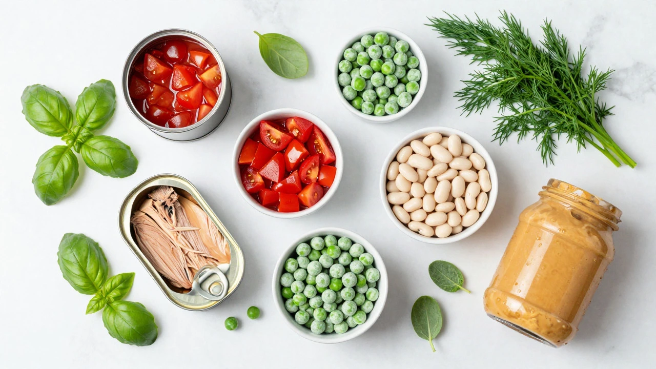 Assorted pantry ingredients for quick pasta toppings on marble