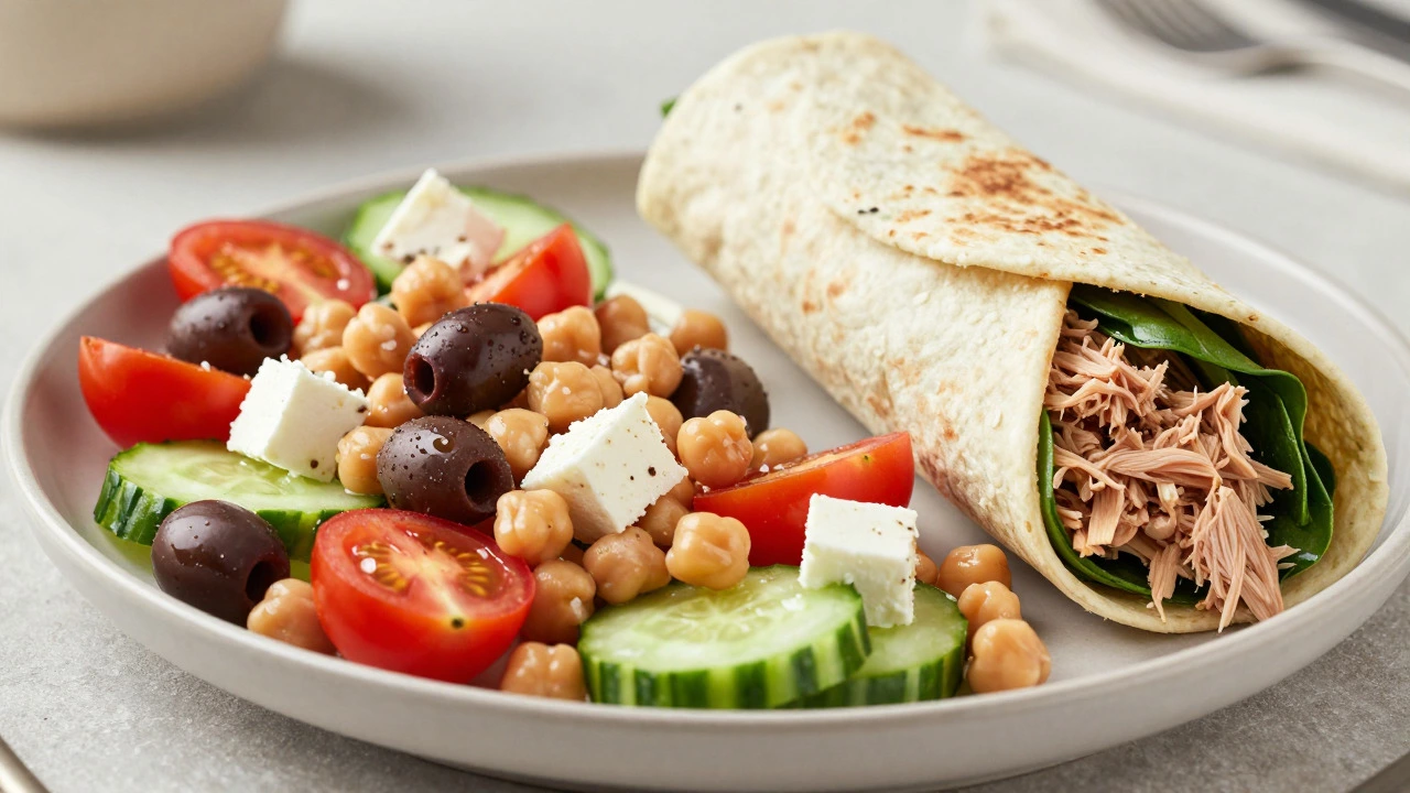 Balanced lunch plate with chickpea salad and tuna wrap
