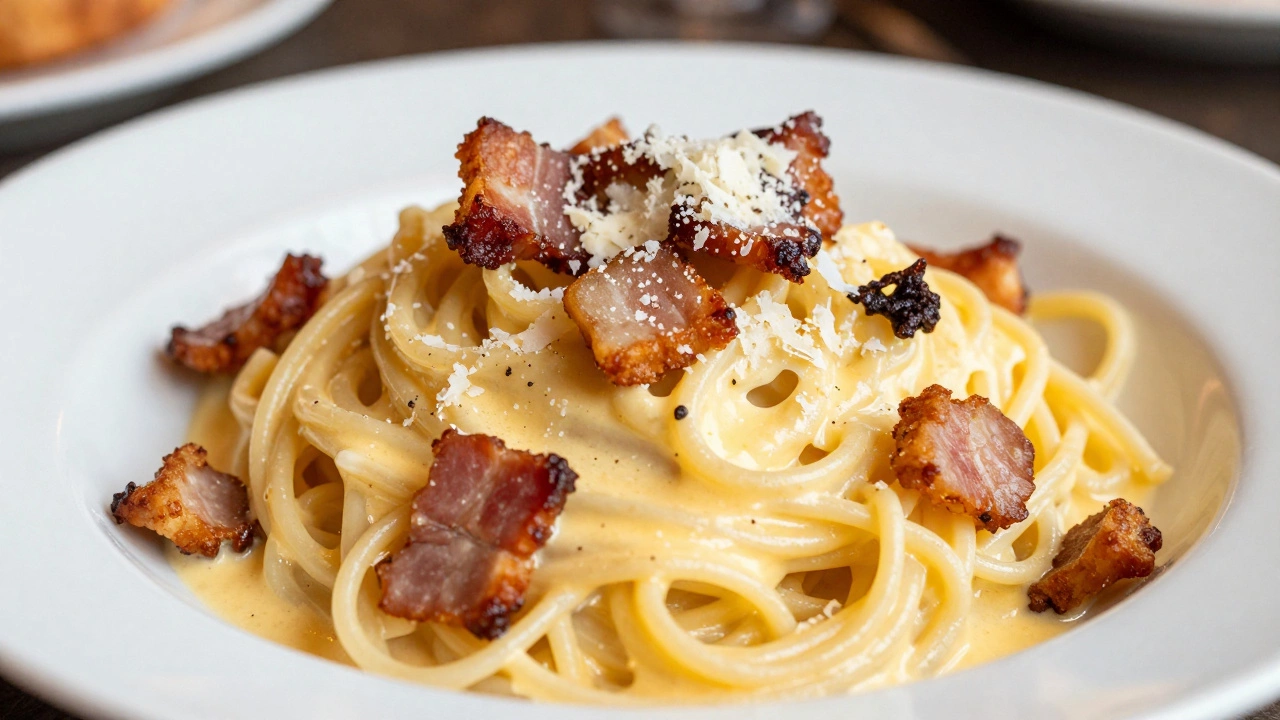Close-up of Carbonara pasta with crispy guanciale and cheese