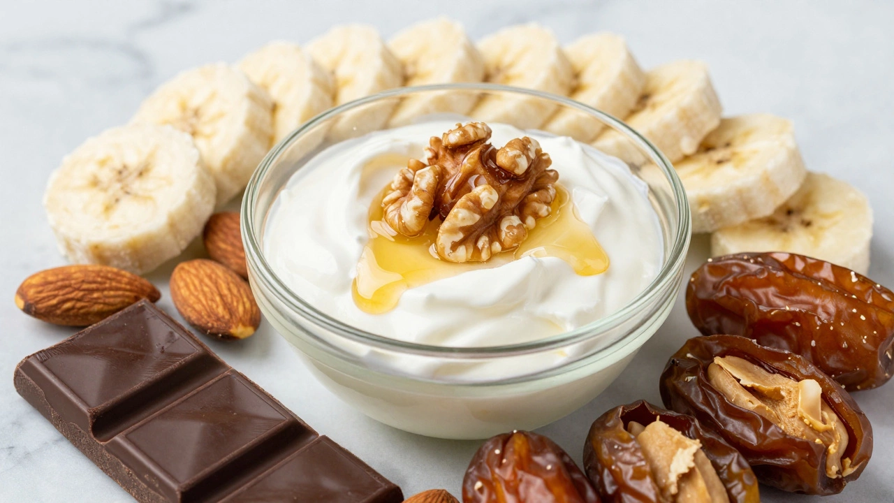 Close-up of Greek yogurt with honey, walnuts, dark chocolate, and banana nice cream ingredients