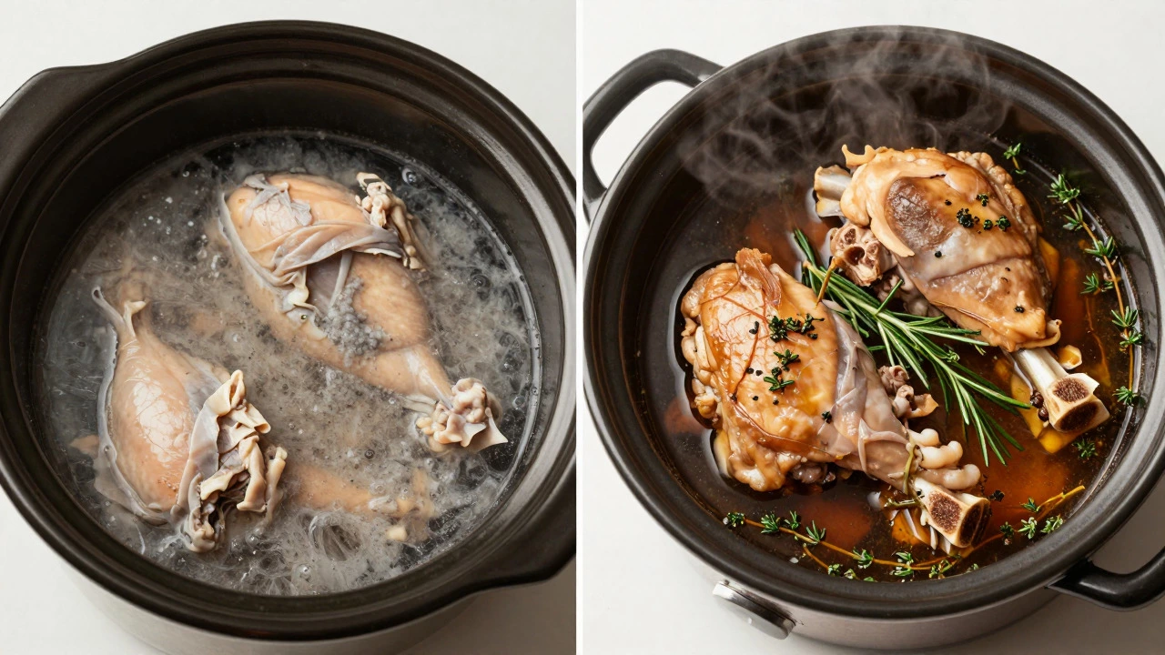 Comparison of boiled chicken in water versus braised chicken in rich stock