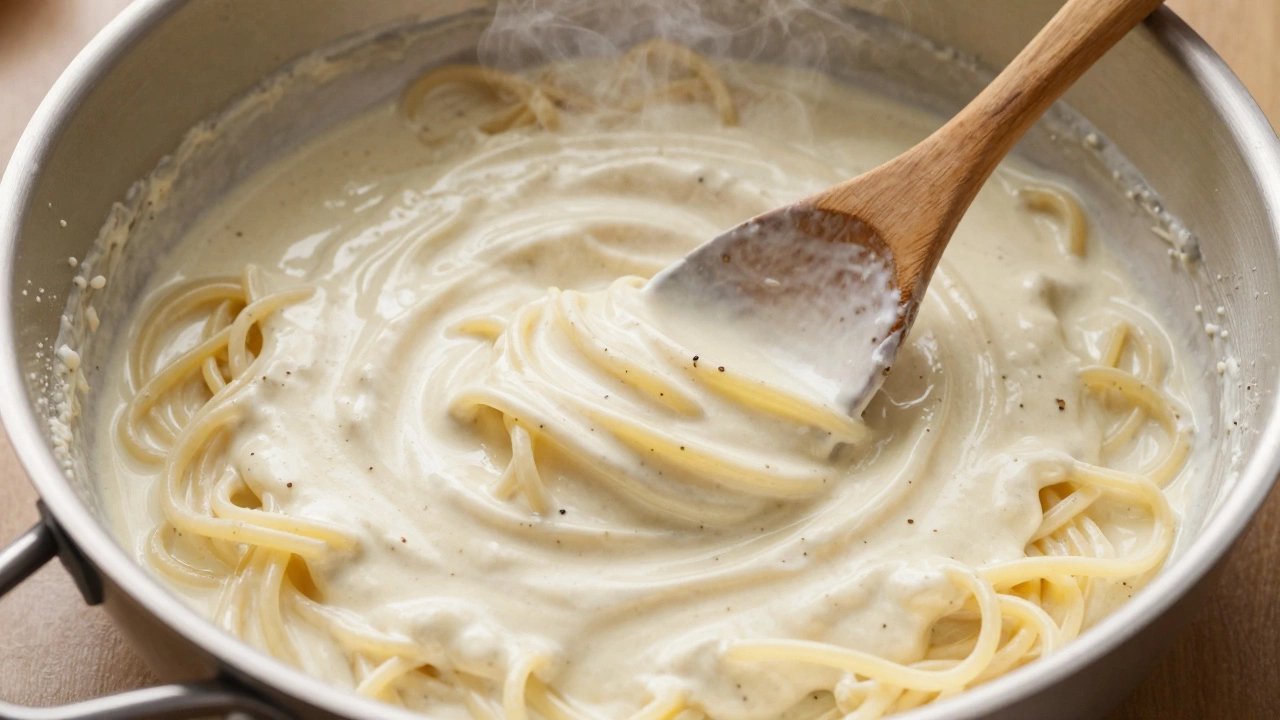 Creamy Cacio e Pepe pasta being stirred in a hot skillet